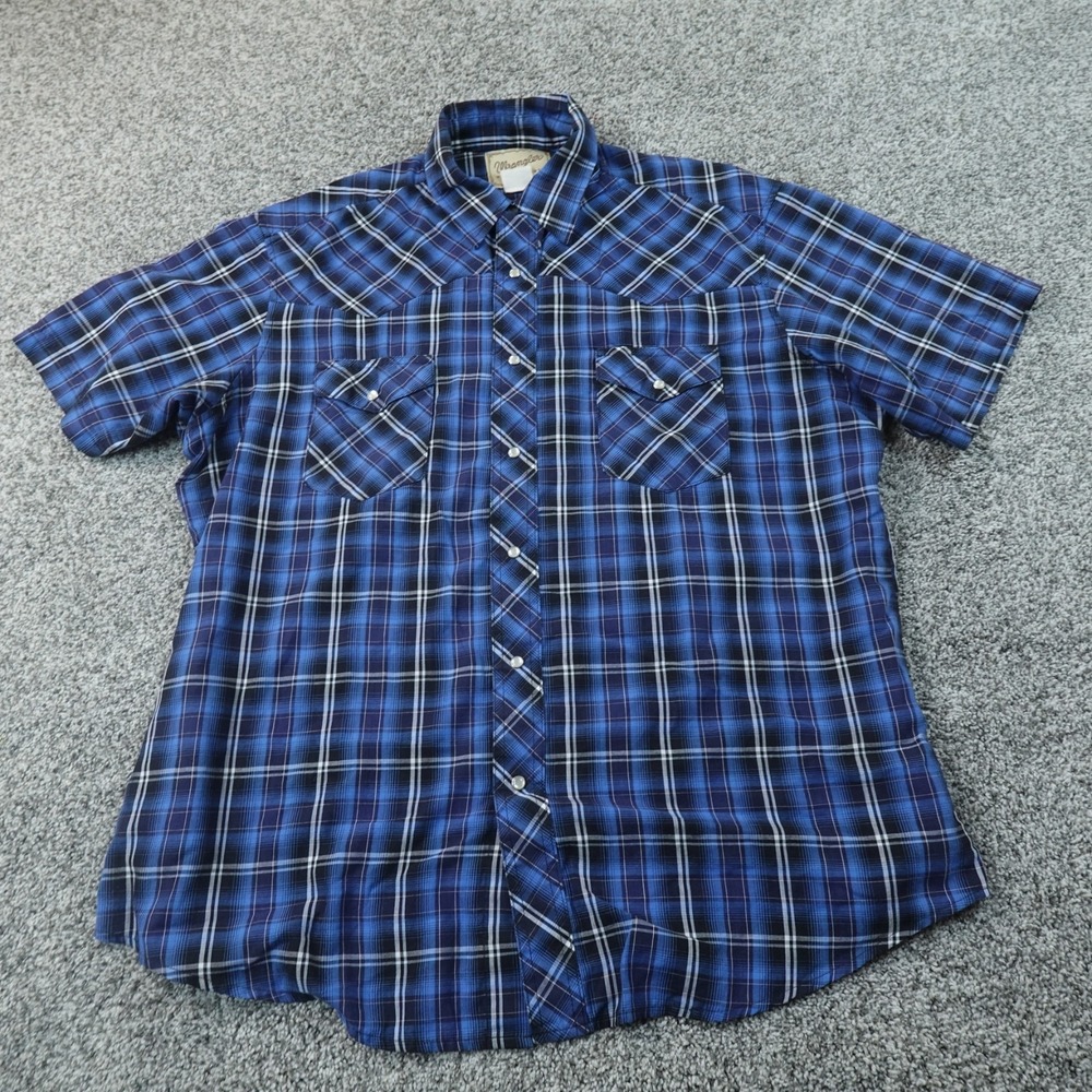 Wrangler Shirt Mens XL Blue Plaid Western Pearl Snap Short Sleeve Cowboy Rodeo